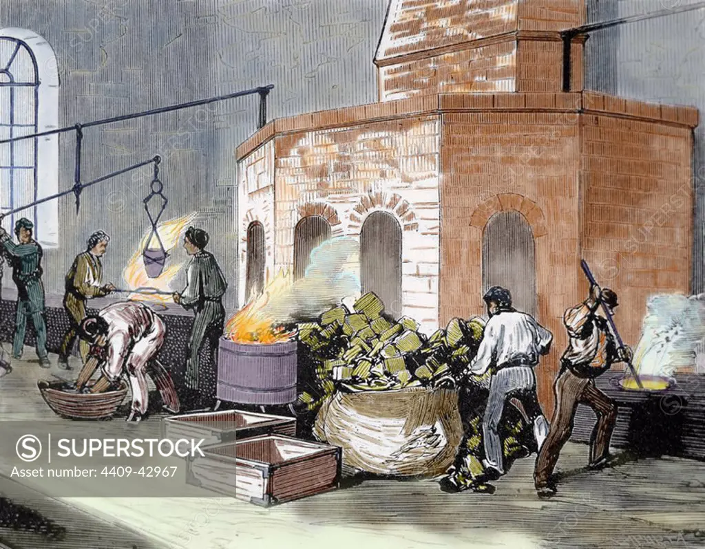The Mint House. Workers in the smelting of gold pastes. Colored engraving from 1872. Spain.