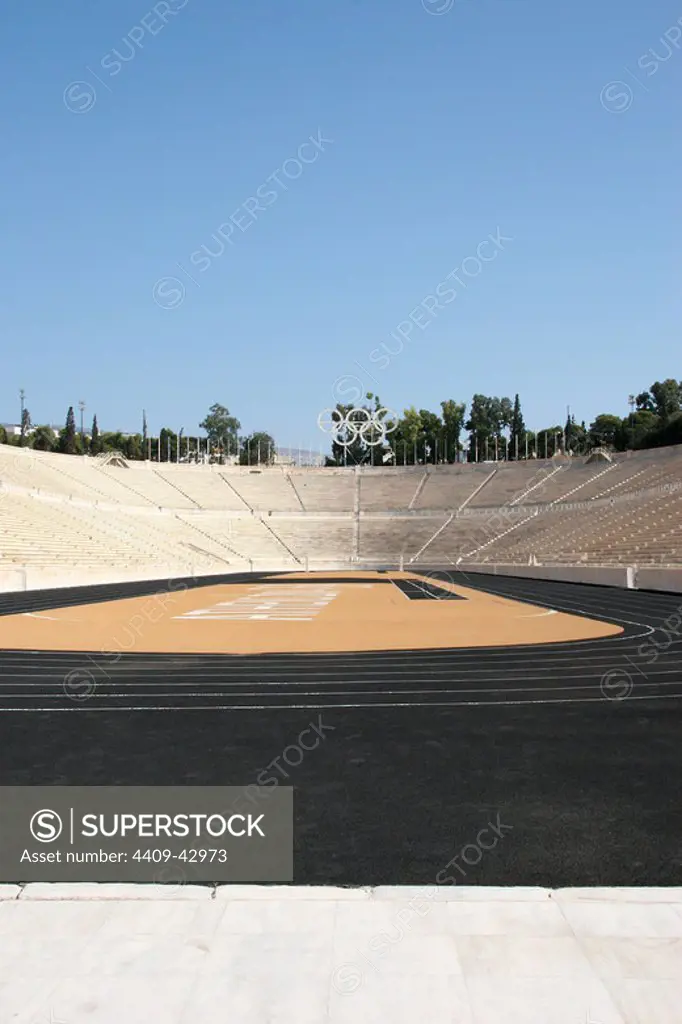 The Panathinaiko or Panathenaic Stadium (Kallimarmaron). During Classical times the stadium had wooden seating. I was uset to host the athletic portion of the Panathenaic Games. Was Built in 330 BC by Lykourgos, and it was restored in its present form betwenn 1896 and 1906. Athens. Central Greece. Attica. Eruope.