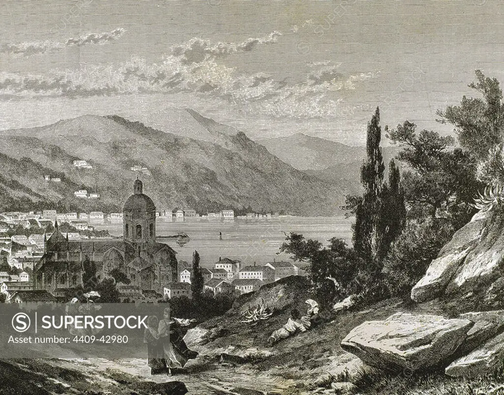 Italy. Como View of the town near the lake. Nineteenth century engraving.