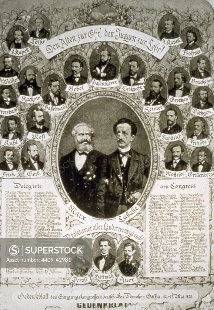 Germany. Congress of Gotha, 1875, where was founded the German Socialist Party (SPD). Reminder sheet with portrait of Marx and Lassalle at the centre.