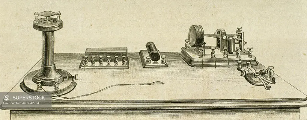 Phonoplex telegraph invented by Thomas Alva Edison (1847-1931). Engraving.