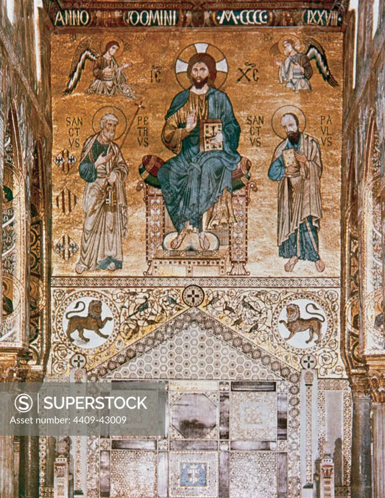 Italy. Sicily. Palerm. Palace of the Normans. Byzantine mosaics at the Palatine Chapel. Christ with Saint Peter and Paul above the throne stage. 12 th century.