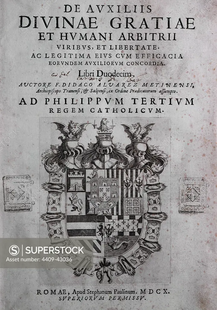 De auxiliis divanae gratiae et humani arbitrii. Twelfth book. Cover for edition of Rome, 1610, by spanish writer Diego Alvarez de Medina. Episcopal library. Barcelona. Spain.