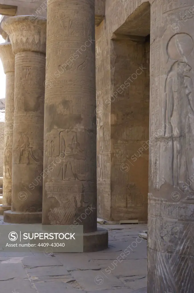 Egyptian Art. Temple of Kom Ombo. Ptolemaic Dynasty. 2nd century B.C. Dedicated to the crocodile god Sobek and falcon god Haroeris. Papyrus columns. Outside view.