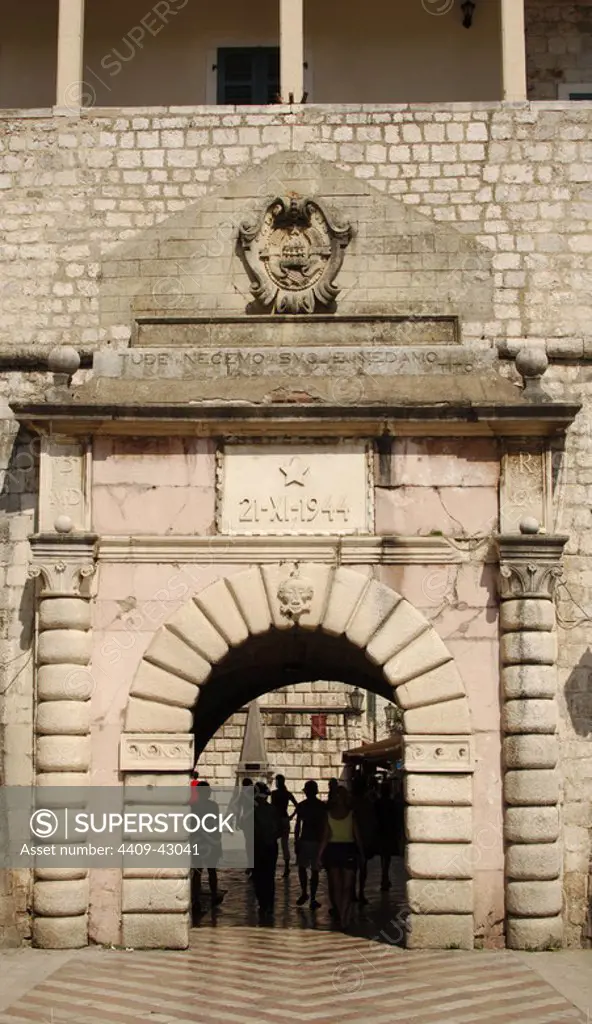 Montenegro. Kotor. The Sea Gate or West Gate, main entrance of the walled city. 16th century.