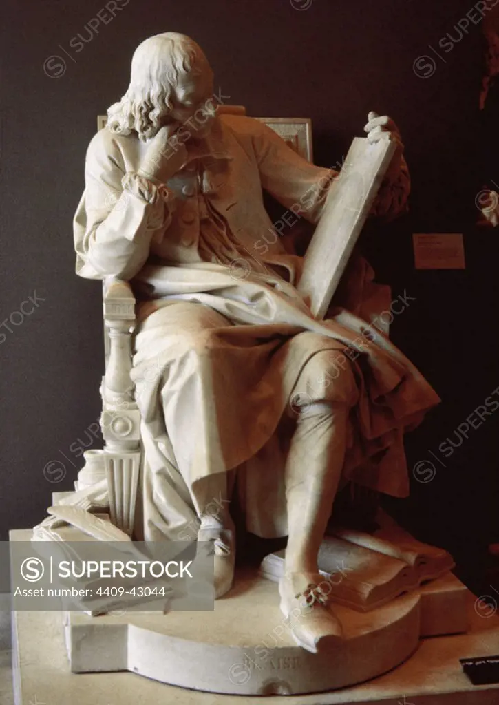 Blaise Pascal (1623-1662). French mathematician, physicist and philosopher. Pascal studying the cycloid (1785). Sculpture by Augustin Pajou. Louvre Museum. Paris. France.