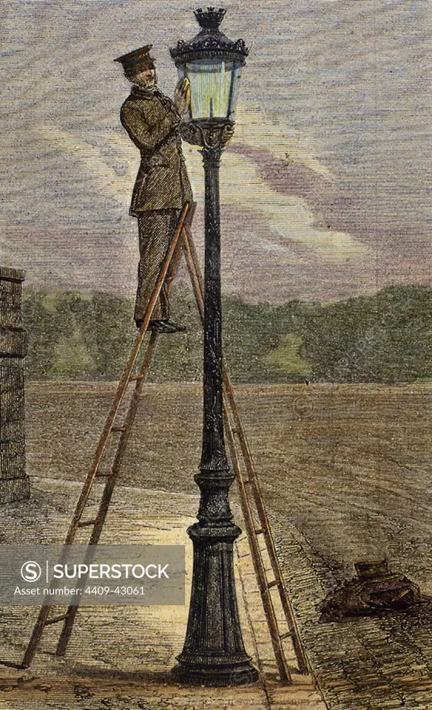 Lamplighter cleaning an old lamppost. Colored engraving by Bertrand, 1885. Paris. France.