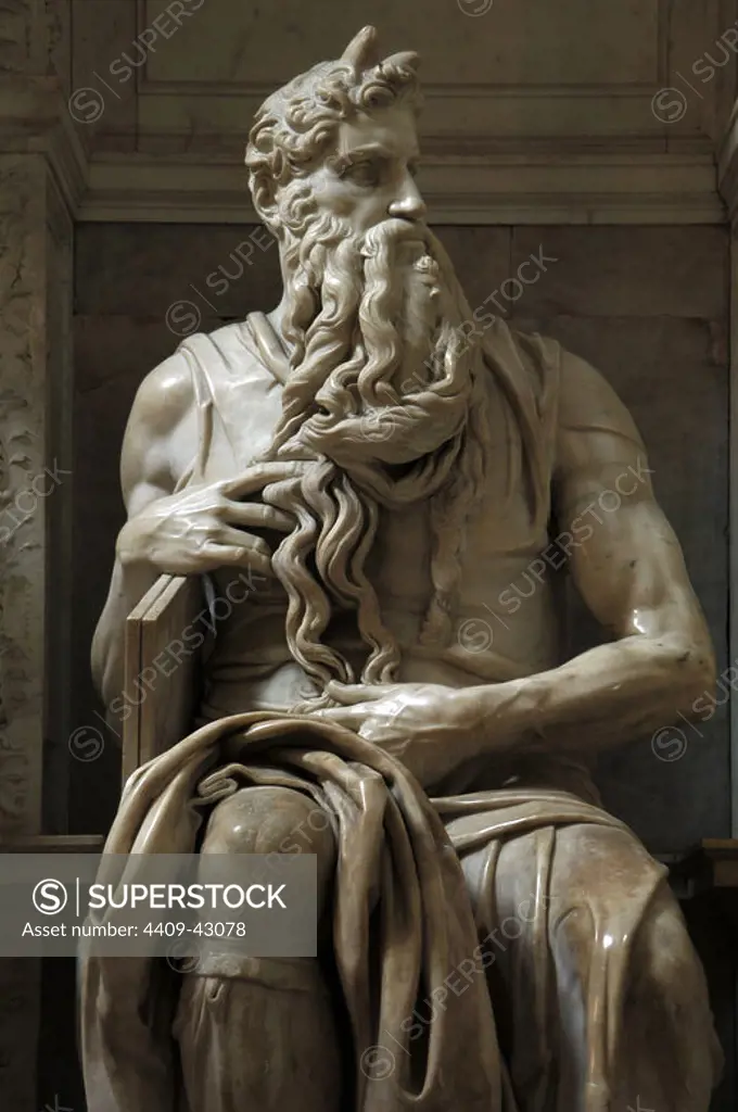 Moses. 1513-1515. Statue by Michelangelo (Michelangelo Buonarroti) (1475-1564). Marble. San Pietro in Vincoli Church. Rome. Italy.