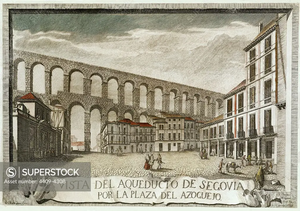 View of the aqueduct and the plaza del Azoguejo in Segovia. Engraving. Madrid, National Chalcogaphy. Author: JUAN MIGUEL. Location: CALCOGRAFIA NACIONAL. MADRID. SPAIN.