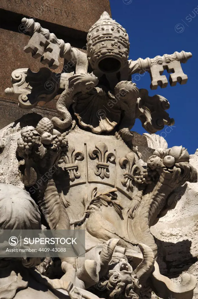 Italy. Rome. Fountain of Four Rivers, 1651, by Gian Lorenzo Bernini (1598-1680). Coat of arms of Pope Innocent X Pamphili. Navona Square.