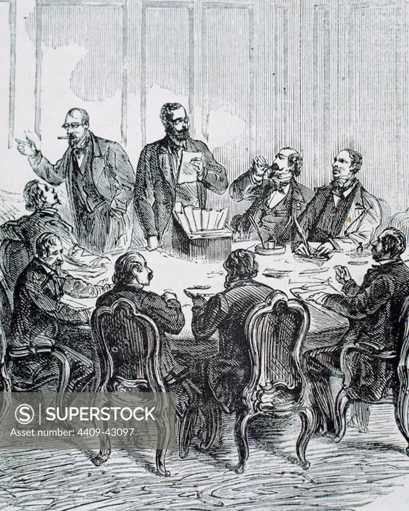 General scrutiny of the electoral process in the presence of journalists. France. 1872. Engraving by Ryckebusch.