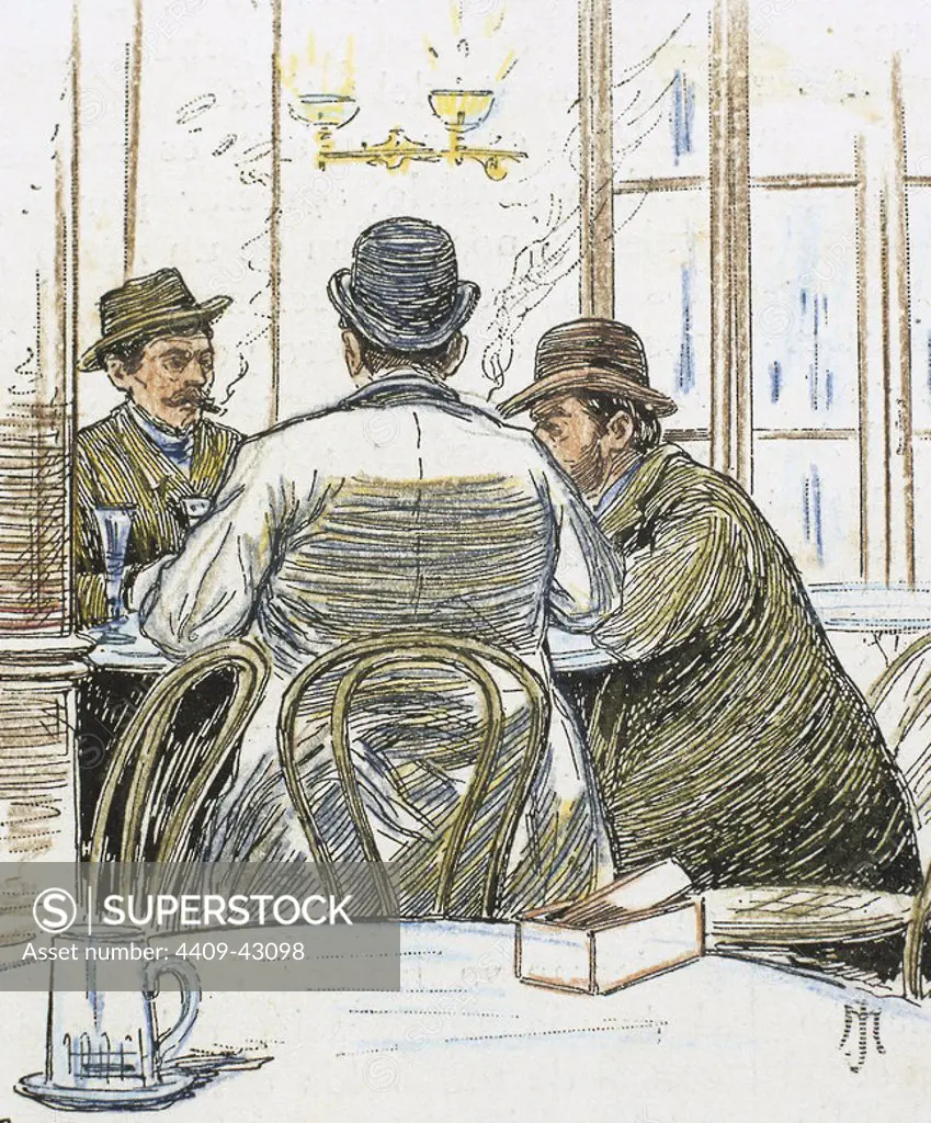 Meeting in a tavern. Colored engraving in "La Ilustracion Espanola y Americana", 1885.