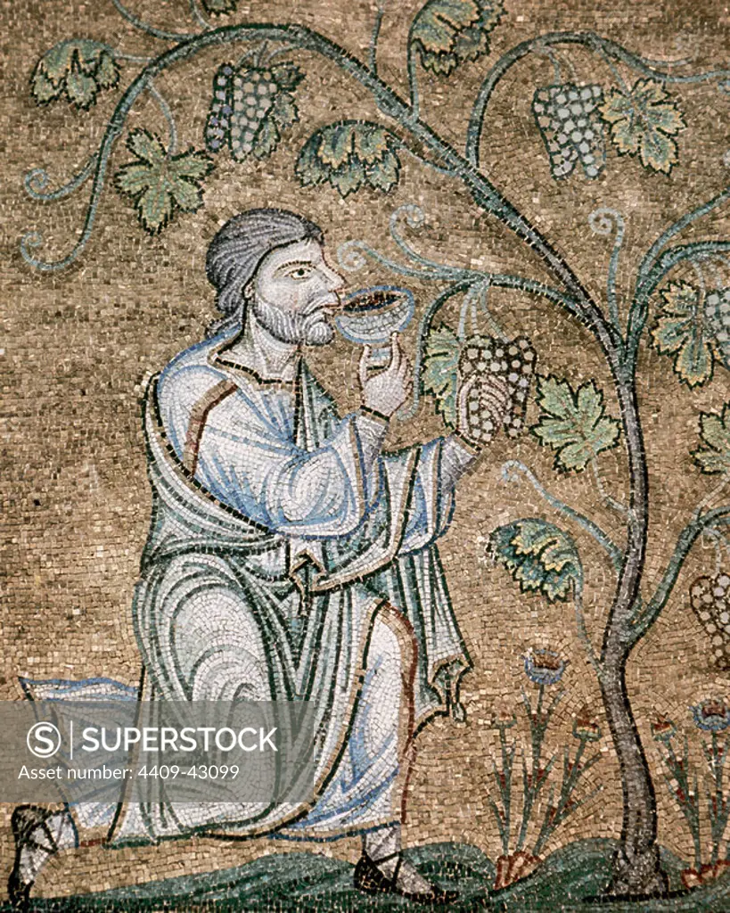 BYZANTINE ART. Noah drinking wine. Mosaic in the Baptistery of St. Mark's Basilica, dating between XII-XIV centuries. Venice. Italy.
