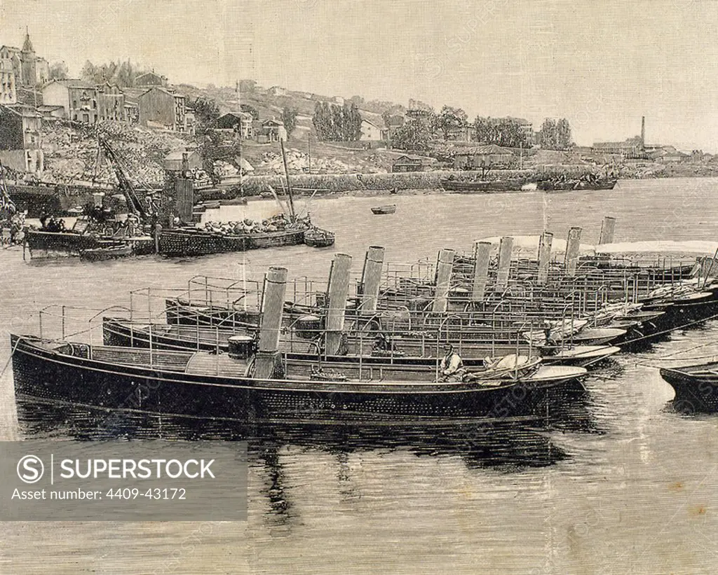 Spain. Port of Santander. Steam boats built for the Body of Maritime Health. Engraving by Rico. The Spanish and American Illustration, 1890.