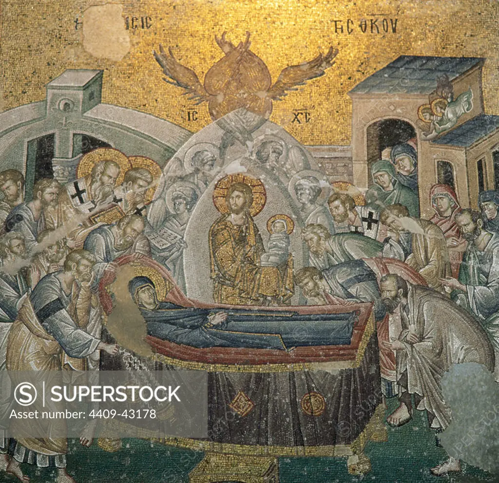 Byzantine Art. Mosaic. The Dormition of the Virgin, which lies in bed surrounded by the apostles. In the center, Jesus Christ with a child in his arms, symbolizing the soul of Mary reborn in Paradise. Nave of the Church of St. Saviour in Chora or Kariye Camii. Istanbul. Turkey.