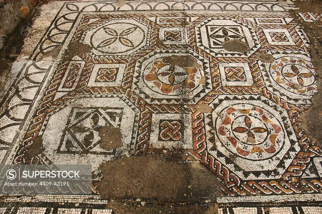 Roman Art. Portugal. Roman Villa of Pisoes. 1st to 4th century. Polychrome mosaic decorated with geometric motifs. Near Beja. El Alentejo.