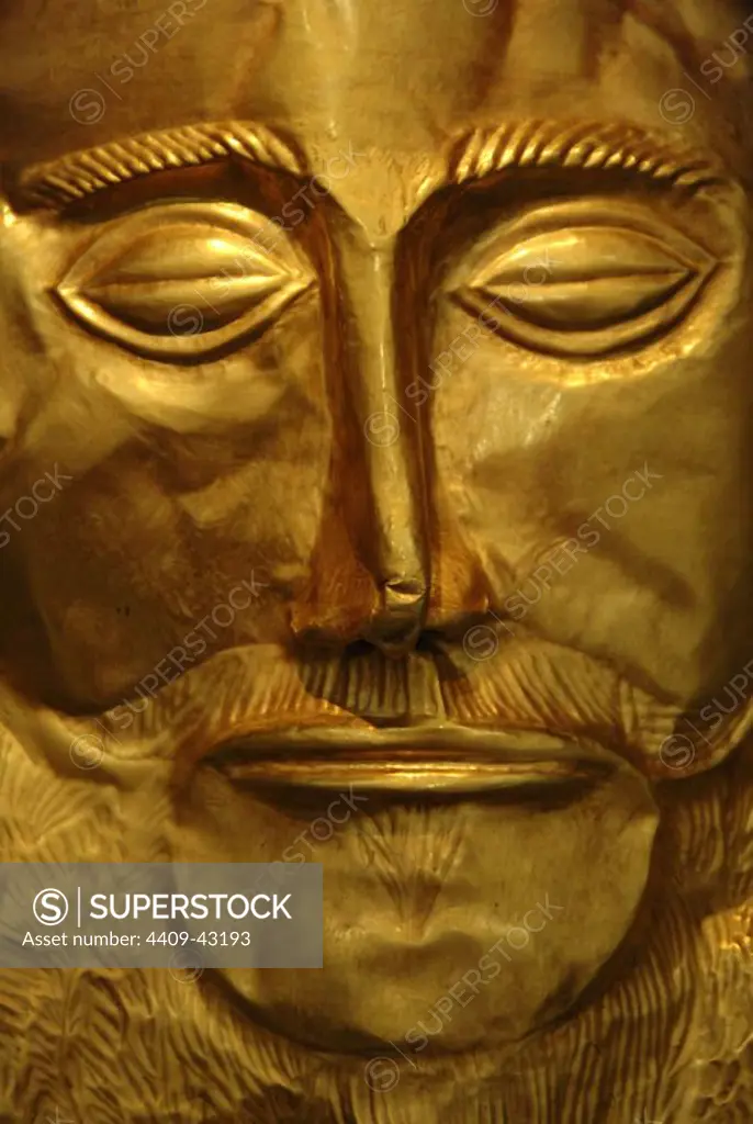 Mycenaean art. Greece. Funerary Mask of Agamemnon in gold foil embossing. Discovered by Heinrich Schliemann in 1876 in Tomb V, Circle A at Mycenae. Dated in 1550 BCE. National Archaeological Museum. Athens.