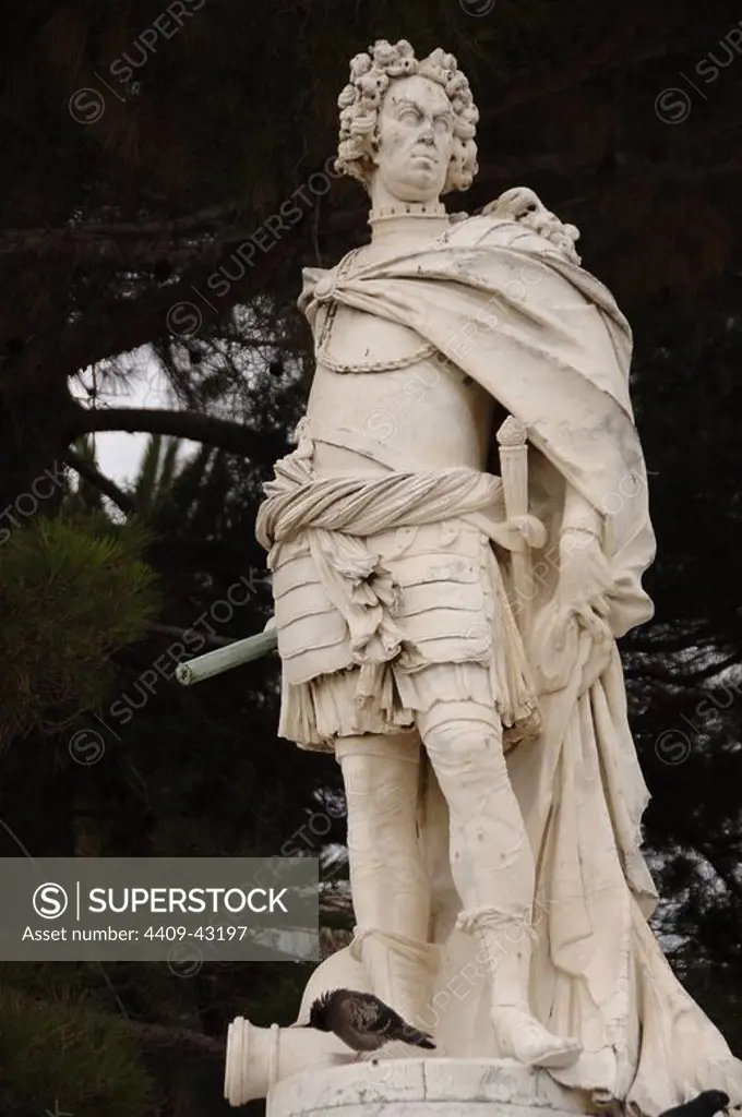 Johann Matthias von der Schulenburg (1661-1747). Marshal defender of the city of Corfu of the Turkish invasion of 1716. Marble statue. Corfu. Ionian Islands. Greece.