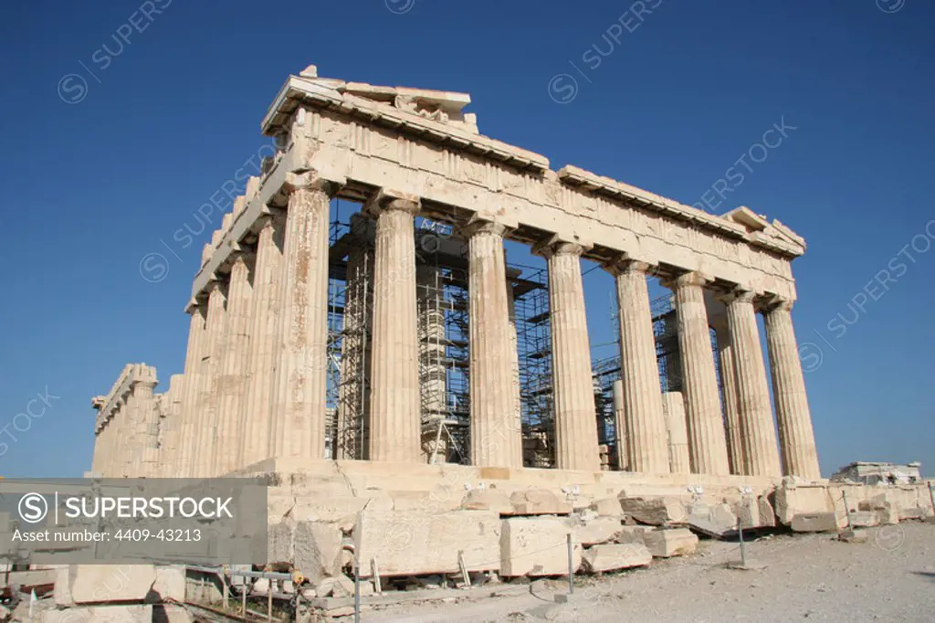 Greek Art. Parthenon. Was built between 447-438 BC. in Doric style under leadership of Pericles. The building was designed by the architects Ictinos and Callicrates. Acropolis. Athens. Attica. Central Greek. Europe.