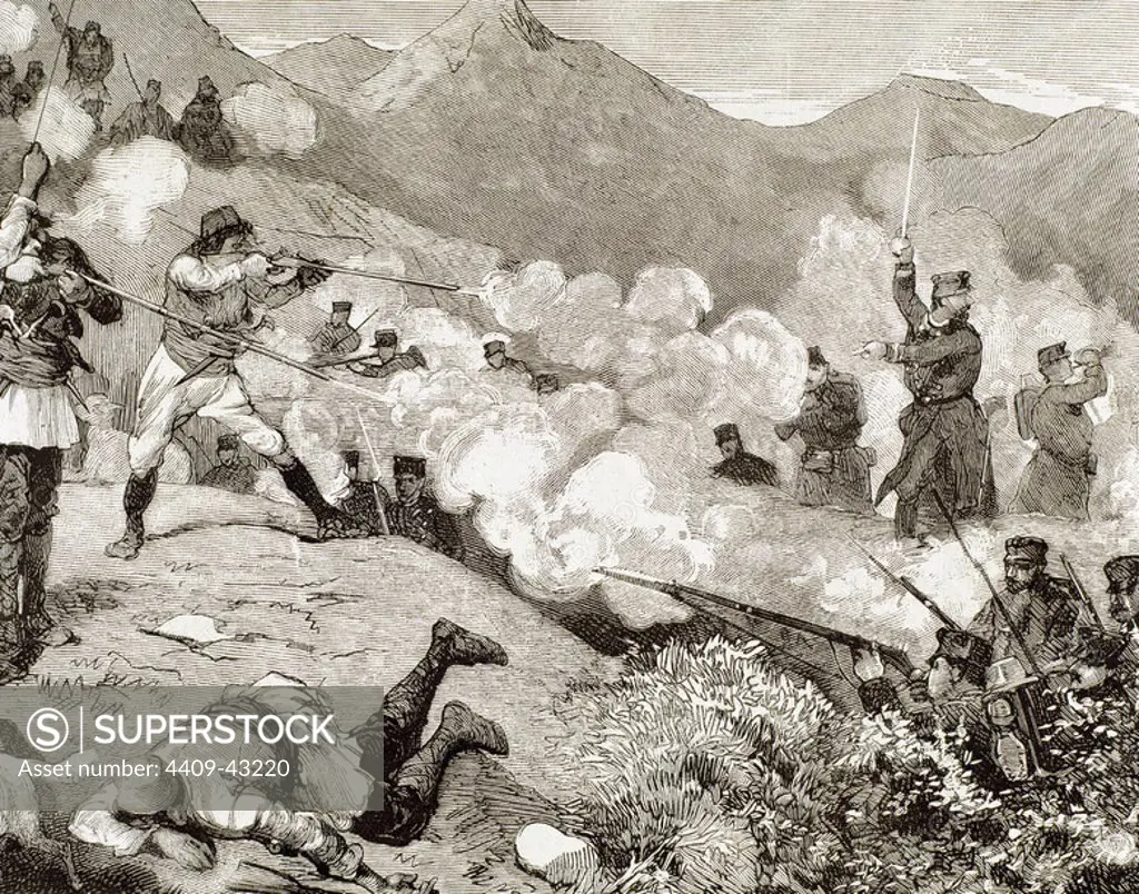 Dalmata-Herzegovina war. Fighting in the mountains of Zagoria, between the insurgents and austrian troops (1882). Engraving.