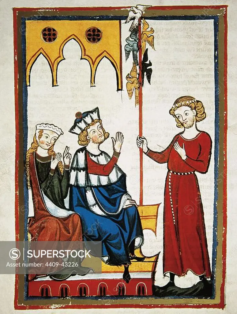 Spervogel, poet of the 12th century, offers his lyrics to the Court. Codex Manesse (ca.1300) by Rudiger Manesse and his son Johannes. University of Heidelberg. Library. Germany.