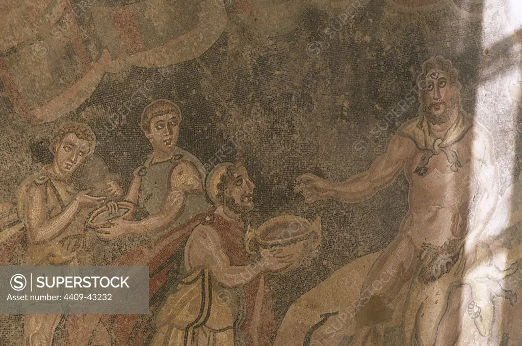 Odysseus offering wine to Polyphemus. Mosaic. 3rd-4rd century. Roman Villa. Piazza Armerina. Sicily. Italy.