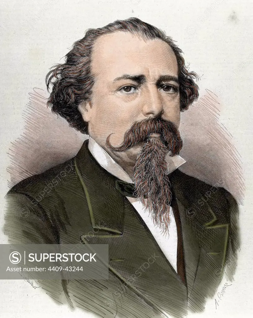 Lopez de Ayala, Adelardo (1828-1879). Poet, playwright and Spanish politician. Colored engraving from 1879.