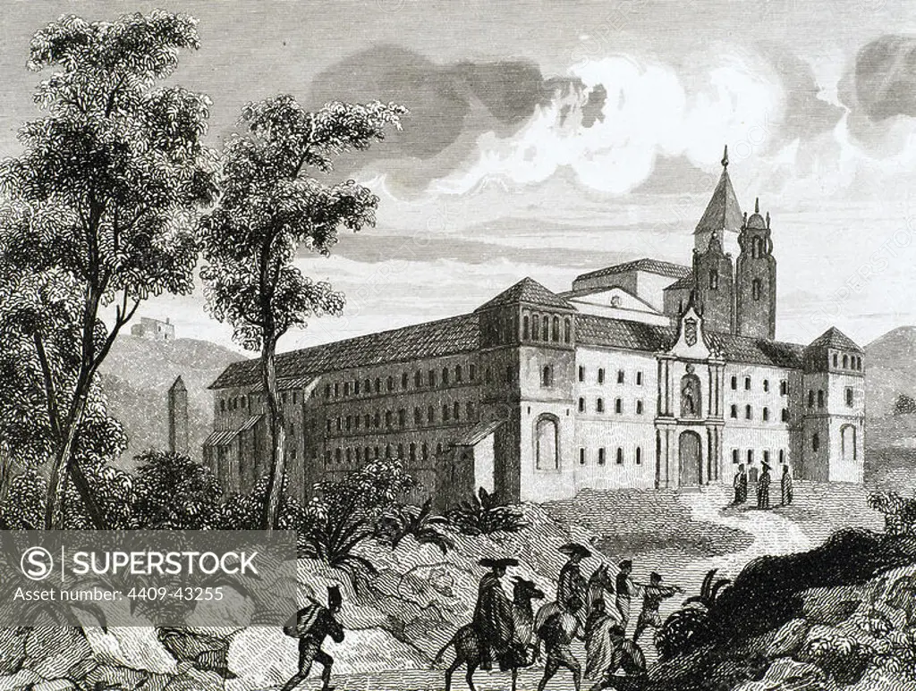 Monastery of San Pedro de Cardena. Founded in the 9th century and rebuilt in 1447. Castrillo del Val. Burgos province. Castile and Leo´n. Spain. Engraving.