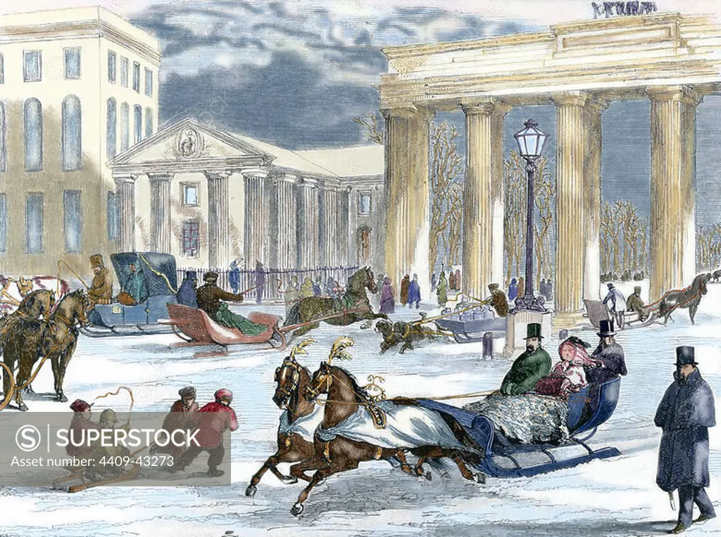 Germany. Berlin. Street scene with the Brandenburg Gate in the background. Colored engraving in "L'Univers Illustre´" (1863).