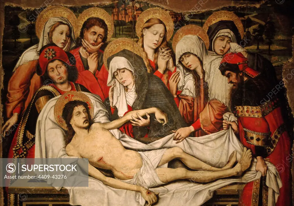SANCHEZ, Pedro. Spanish painter active in Seville in the second half of the fifteenth century. THE BURIAL OF CHRIST. Painting on wood. Museum of Fine Arts. Budapest. Hungary.