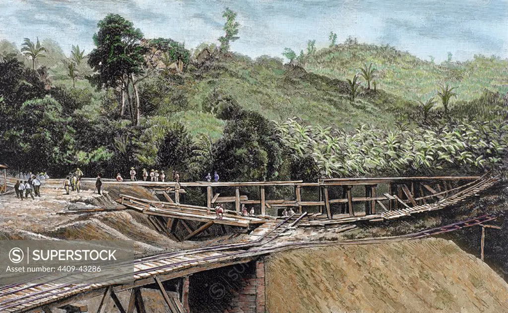 Construction of the Panama Canal. Works in bridge called "Alto-Obispo". Colored engraving of "Spanish and American Illustration". " (Year 1886).