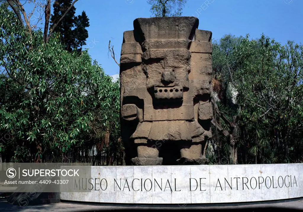 Pre-Columbian art. Aztec. Tlaloc. Nahua deity, lord of the land and the god of rain. Monolith at the entrance of the National Museum of Anthropology. Mexico City. Mexico.