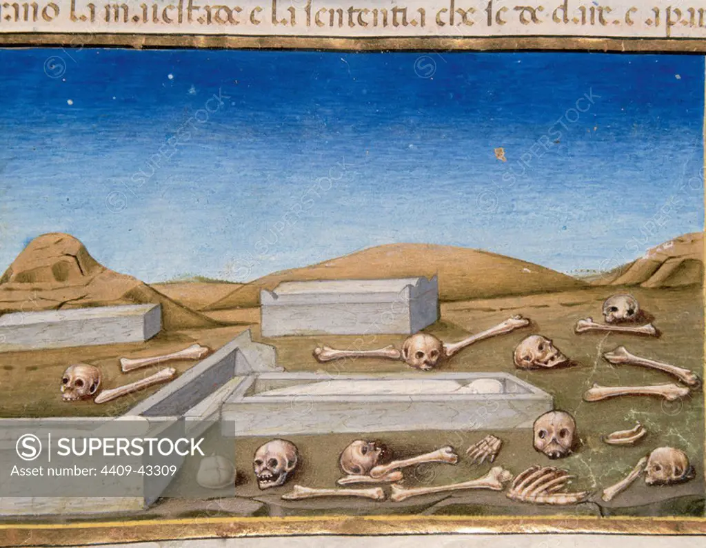 The End of the world and the Last Judgement. The dead will come out of the tombs. Codex of Predis (1476). Royal Library. Turin. Italy.