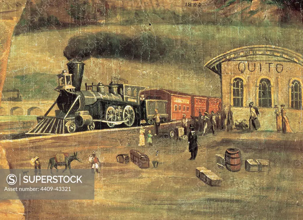 The South Railway and the Station of Quito. Allegorical painting about Eloy Alfaro Delgado (1842-1912), when he was in charge of the southern railway. Aurelio Espinosa Polit File Library. Quito. Cotocollao. Ecuador.