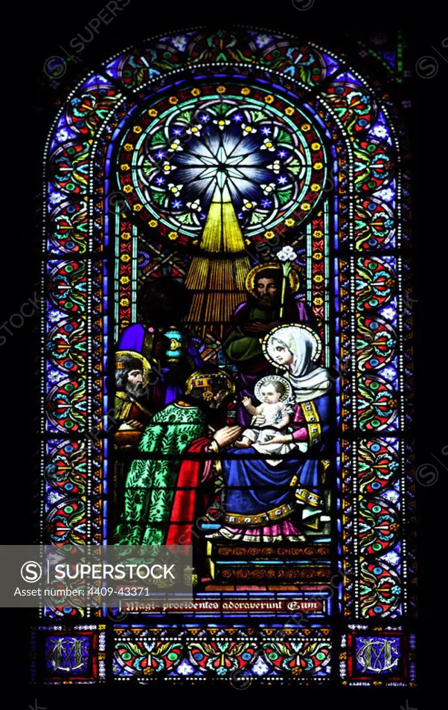 Stained glass window depicting the Epiphany. Montserrat Abbey. Catalonia. Spain.