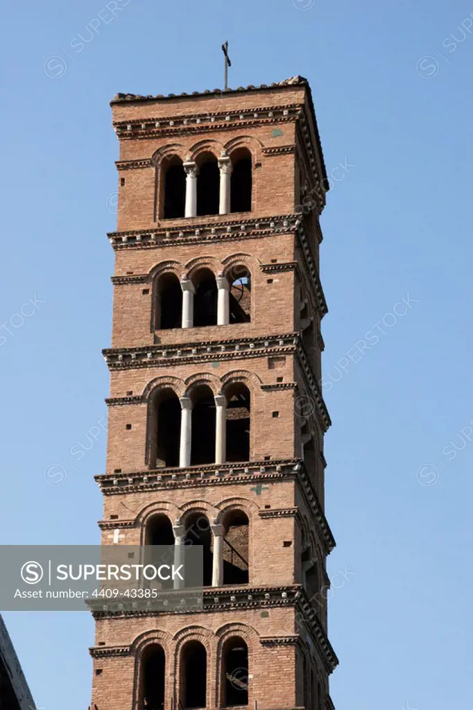The Basilica of Saint Mary in Cosmedin. Bell tower. 11th century. Rome. Italy.