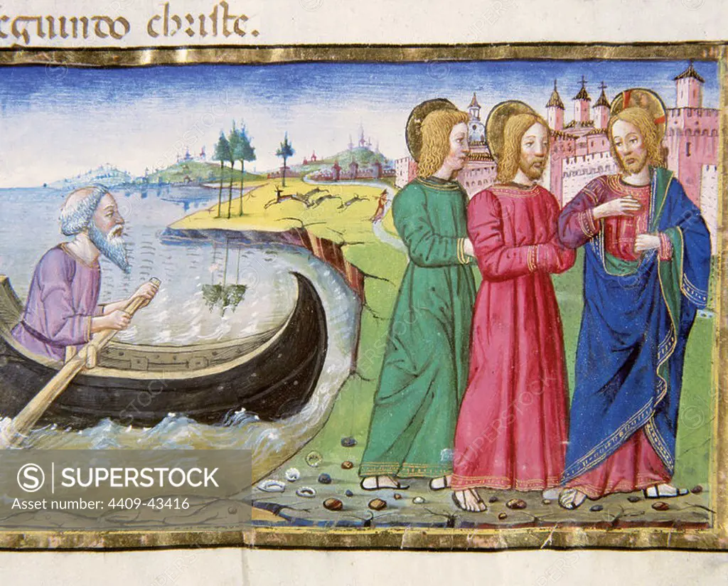 Jesus calls James of Zebedee and his brother John to follow him. Codex of Predis (1476). Royal Library. Turin. Italy.