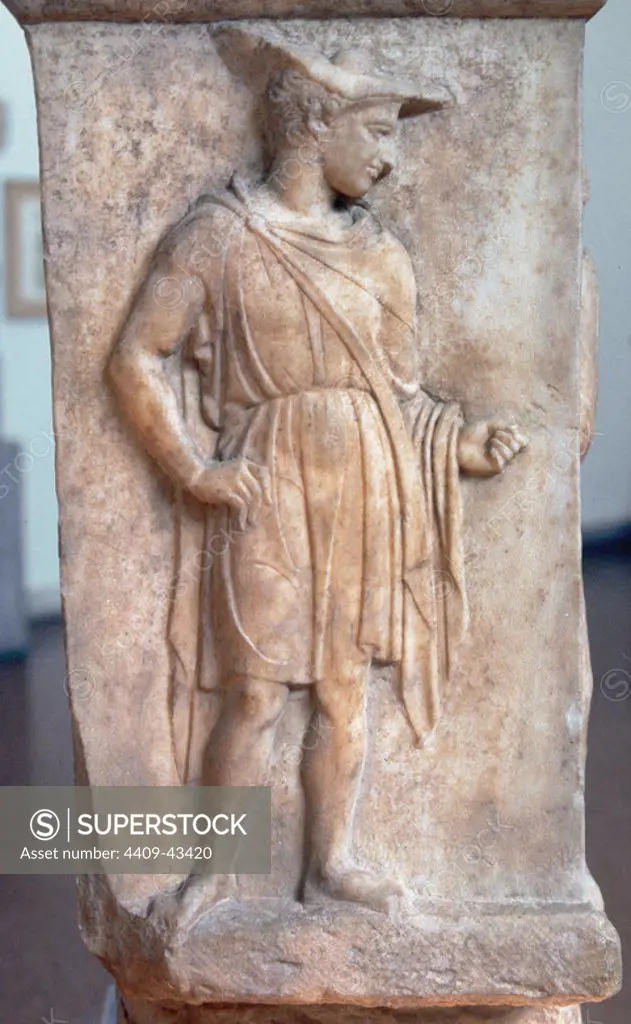 Greek art. Classical period. Memorial. Detail relief of a priest or dignitary. Attic style. 5th Century BC. Athens. National Archaeological Museum. Athens. Greece.