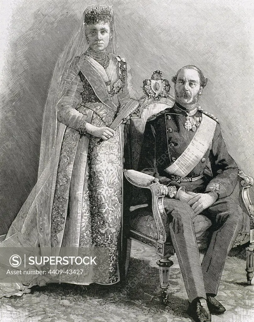 Christian IX (Gottorp, 1818-Copenhagen, 1906). King of Denmark (1863-1906), was the first sovereign of the branch Bl¸cksburg. Engraving by Rico. Christian IX and his wife.