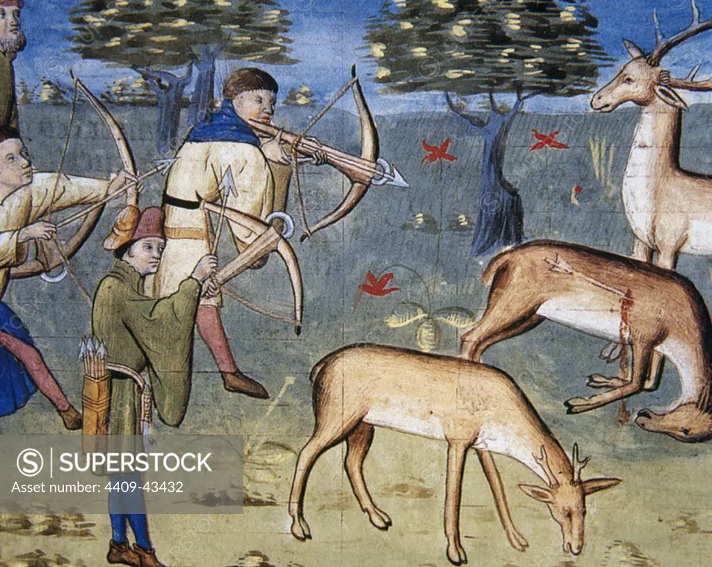 Le Livre de Chasse (Book of the Hunt) by Gaston Phobus (1331-1391). Written around 1387-1389. Book dedicated to Philip the Bond, Duke of Burgundy. Illuminated manuscript, 15th century. Hunting scene with bow and crossbows. Conde Museum. Chateau of Chantilly. France.