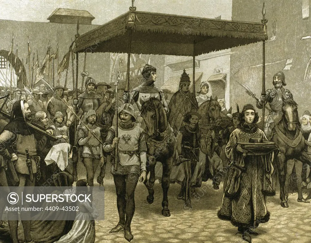Entry of Antipope John XXIII (1360-1554) in Constanta to celebrate the "Council of Constance" (1414) convened by a proposal from the emperor Sigismund, to end the Great Schism. He declared the superiority of the latter on the Pope and deposed three popes: John XXIII, Benedict XIII and Gregory XII, and elected Martin V as pope only in Christendom. Engraving.