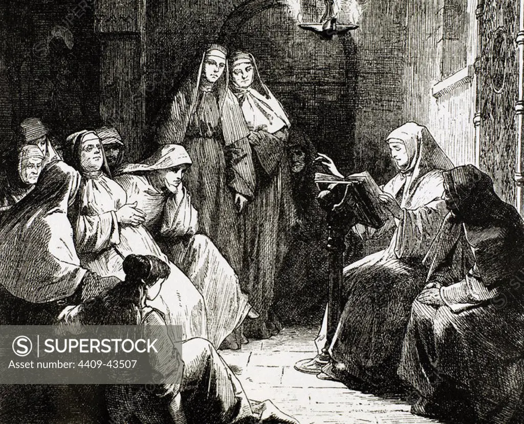 Cloistered nuns. Gospel reading. 19th-century engraving.