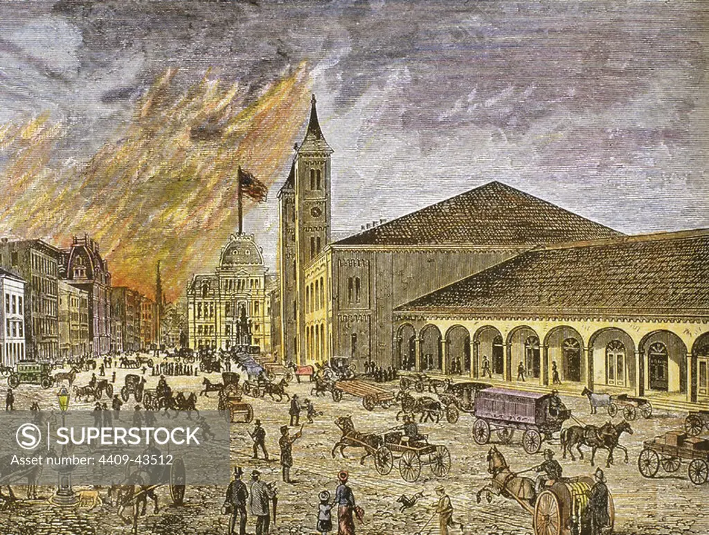 Fire in the city of Providence in 1886. The Exchange building on the right. United States.