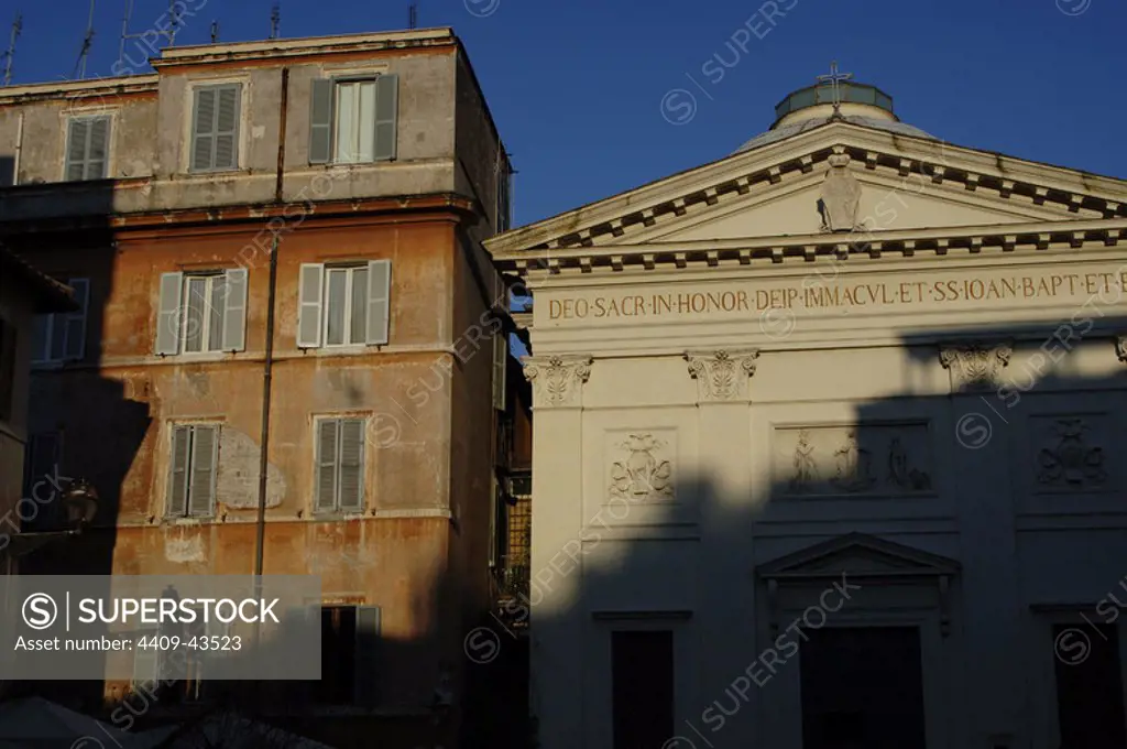 Italy. Rome. Church of Saint John of Malva (San Giovanni della Malva). Built according design of Giacomo Moraldi. Detail of the facade at sunset.