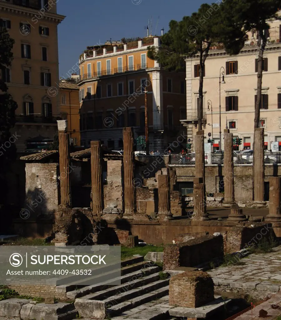 Italy. Rome. Sacred area of Largo di Torre Argentina. Temple A devoted to Jutuna. Built by Gaius Lutatius Catulus. 3rd century BC. Firs, remains of Temple B. 2nd century BC.