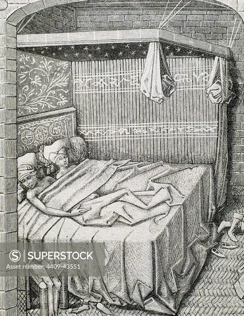 Couple in bed. 15th century. Engraving of "Miracles of Notre Dame". France.