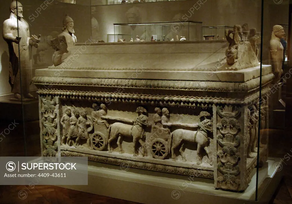 Phoenician art. Cyprus. The Amathus sarcophagus with reliefs depicting a parade with chariots. Limestone. Archaic Period. 5th century B.C. It comes from a tomb at Amathus (Cyprus). Metropolitan Museum of Art, New York. United States.