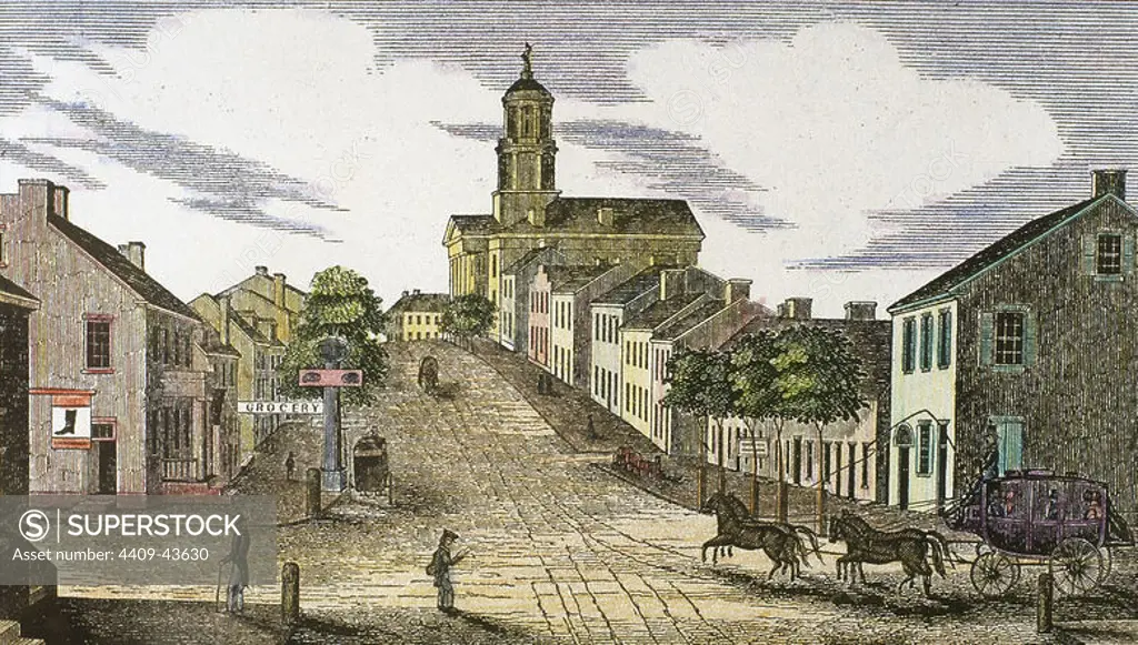 Washington, 1843. Downtown. Shoe shop and grocery to the left. United States. Engraving.