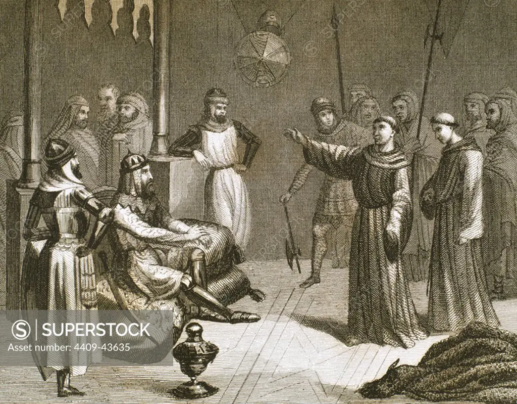 Meeting between St. Francis of Assisi (1181/1182-1226) and Sultan Malek-el-Kamel (1180-1238) in Damietta (Egypt). Engraving, 1851.