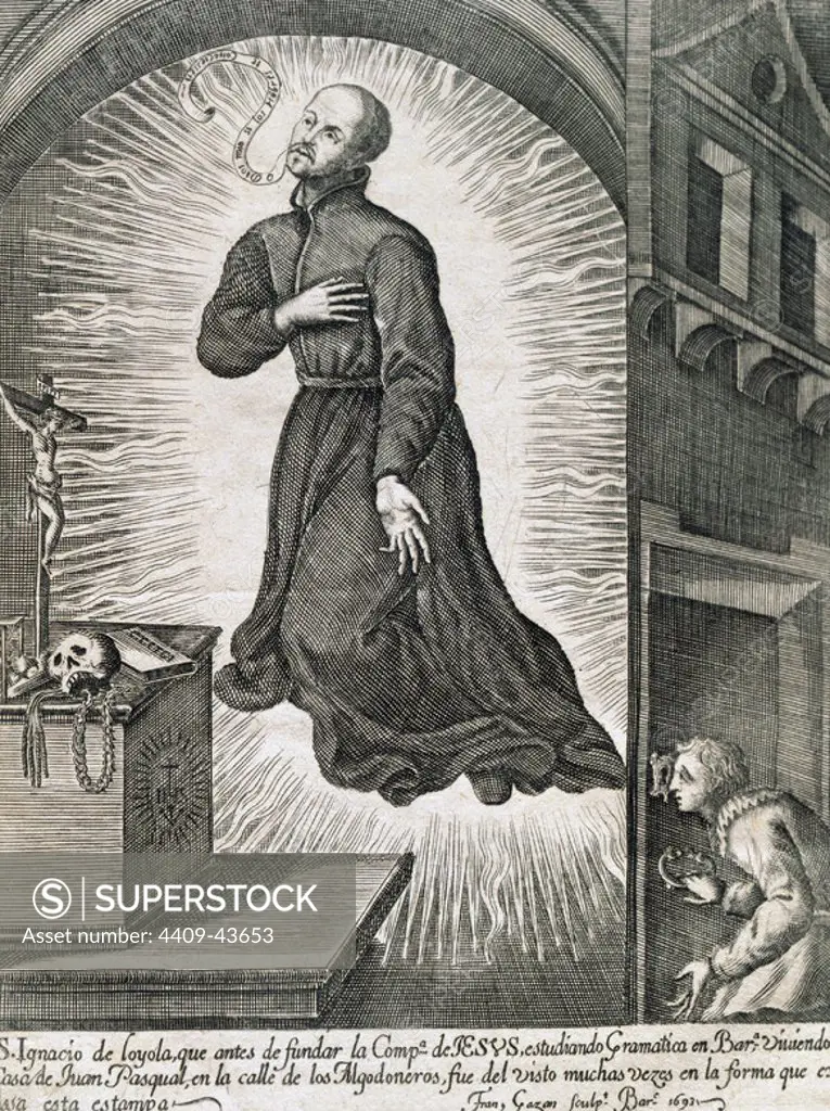 Ignatius of Loyola (1491-1556). Spanish knight, priest since 1537. Founded the Society of Jesus (Jesuits). Was Superior General. Saint Ignatius levitating. Engraving, 1693. Episcopal Library. Barcelona. Spain.